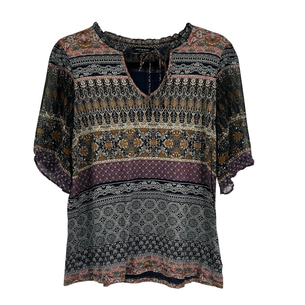 Lucky Brand Boho Cotton Modal Tie V Neck Blouse Western Women’s Small